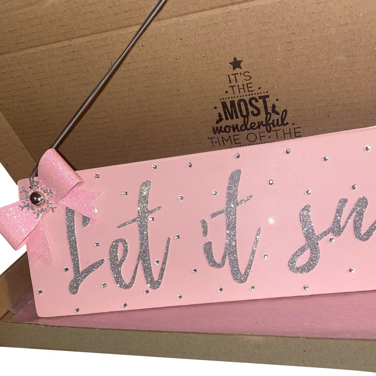 Let it snow Christmas sign, Kitsch pink Christmas decoration with sparkling silver glitter letters, pink glitter bow and diamantes