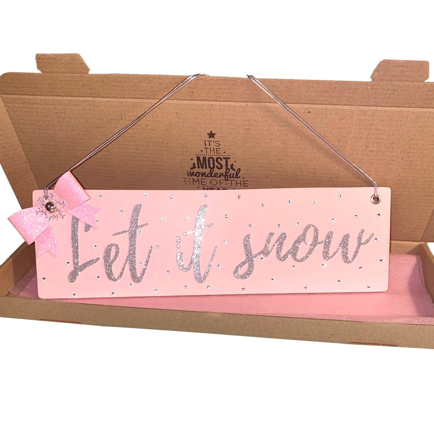 Let it snow Christmas sign, Kitsch pink Christmas decoration with sparkling silver glitter letters, pink glitter bow and diamantes