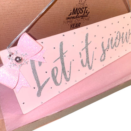 Let it snow Christmas sign, Kitsch pink Christmas decoration with sparkling silver glitter letters, pink glitter bow and diamantes