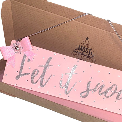 Let it snow Christmas sign, Kitsch pink Christmas decoration with sparkling silver glitter letters, pink glitter bow and diamantes