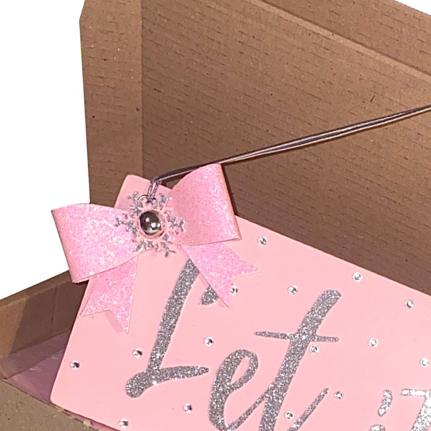 Let it snow Christmas sign, Kitsch pink Christmas decoration with sparkling silver glitter letters, pink glitter bow and diamantes