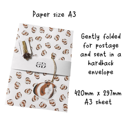 A3 Guinea pig wrapping paper set, Gift wrap paper single sheet, Hand drawn guinea pig with pom pom string and gift tag