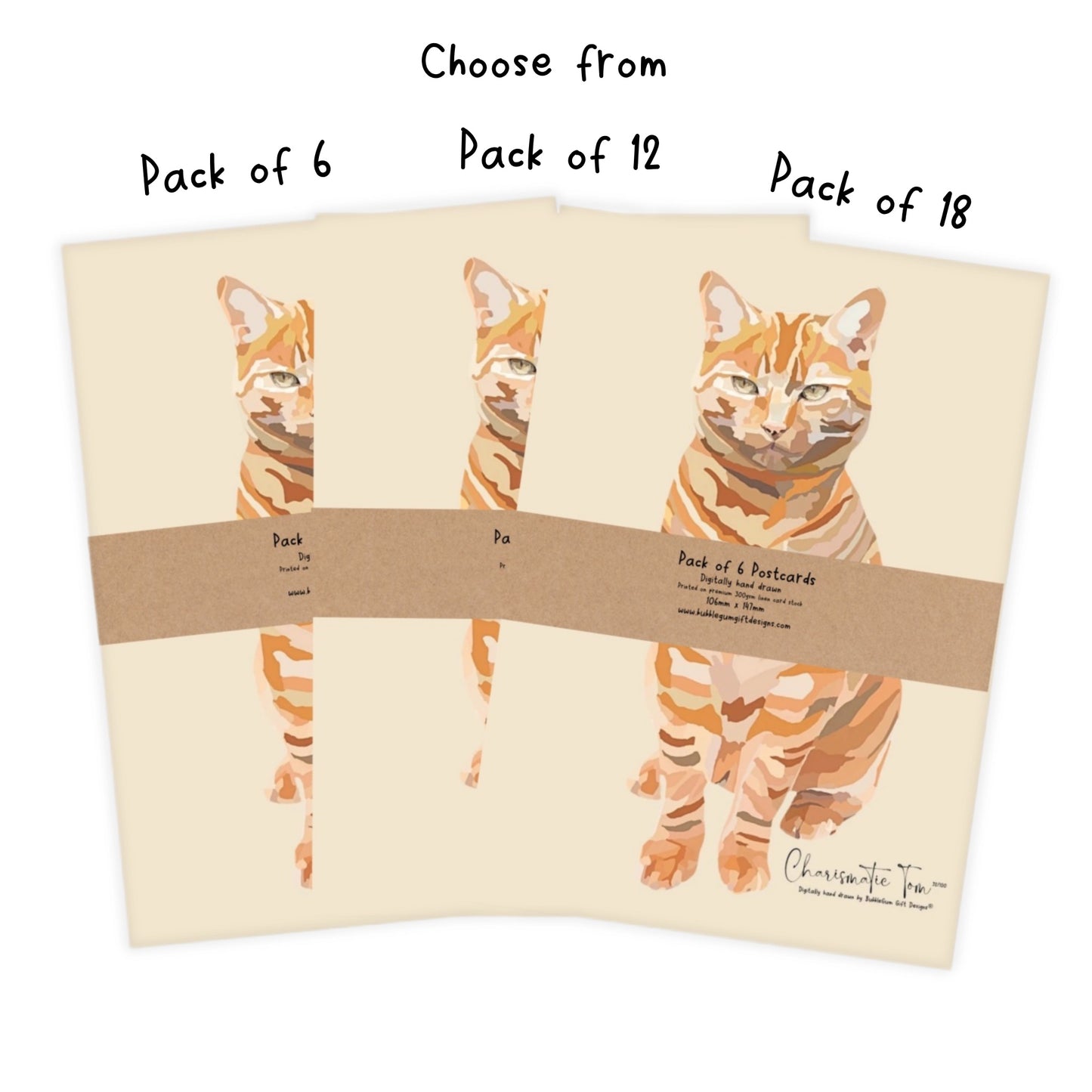 Ginger cat portrait postcards, Digitally hand drawn cat illustration postcard set, Cat artwork post cards for cat lover gift