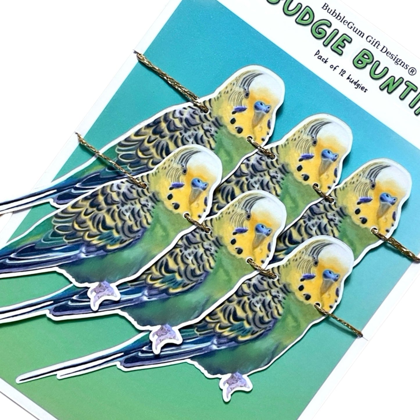 Budgie bunting green and yellow Parakeets cute kitschy pet budgie gift with gold twine long tailed feather seed eating cute birds