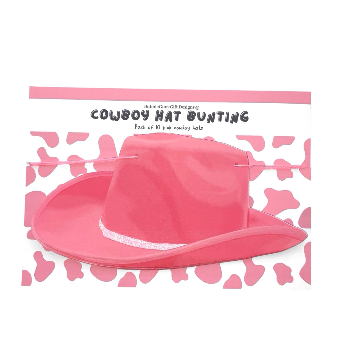 Pink cowgirl hat bunting banner, Rodeo bachelorette decorations with pink glitter or cow print hat band, Hand drawn