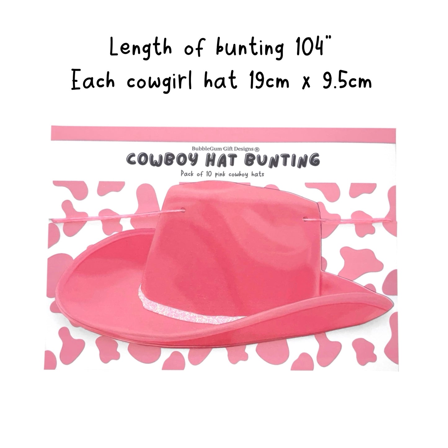Pink cowgirl hat bunting banner, Rodeo bachelorette decorations with pink glitter or cow print hat band, Hand drawn