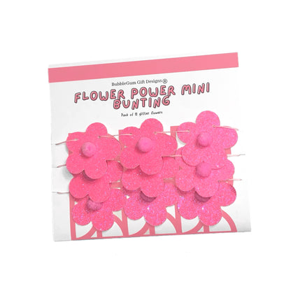Mini neon pink glitter daisy flower bunting, 70s Flower power pom pom flowers for sleepover party