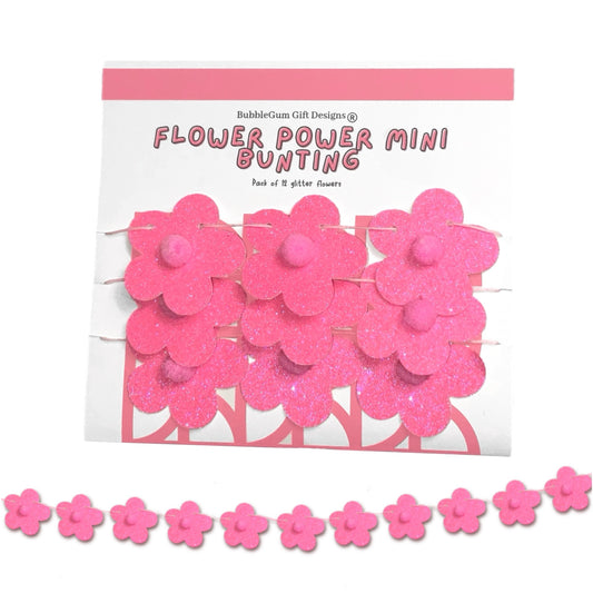 Mini neon pink glitter daisy flower bunting, 70s Flower power pom pom flowers for sleepover party