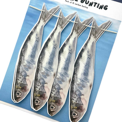 Hand drawn sardine garland Printed fish wall decor funny seaside aesthetic fisherman party bunting Quirky ocean fish theme birthday 70inches