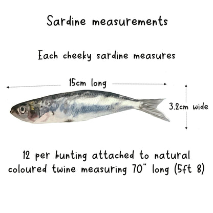 Hand drawn sardine garland Printed fish wall decor funny seaside aesthetic fisherman party bunting Quirky ocean fish theme birthday 70inches