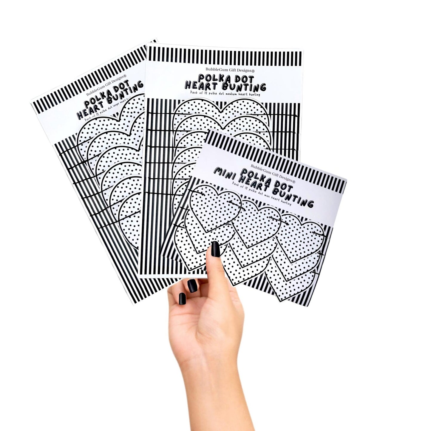 Polka dot heart garland Spotted black and white birthday decorations Monochrome party bunting Choose size