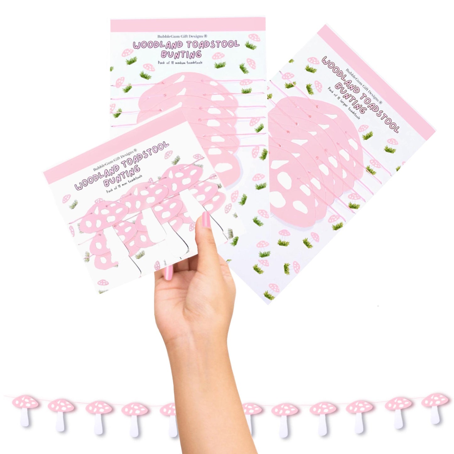 Pink mushroom garland Fairy first birthday bunting Spring toadstool decorations Choose your size 1x12