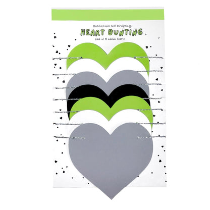 Agender pride month decorations Black white grey green love heart bunting Colour block heart garland Genderless pride wall decor
