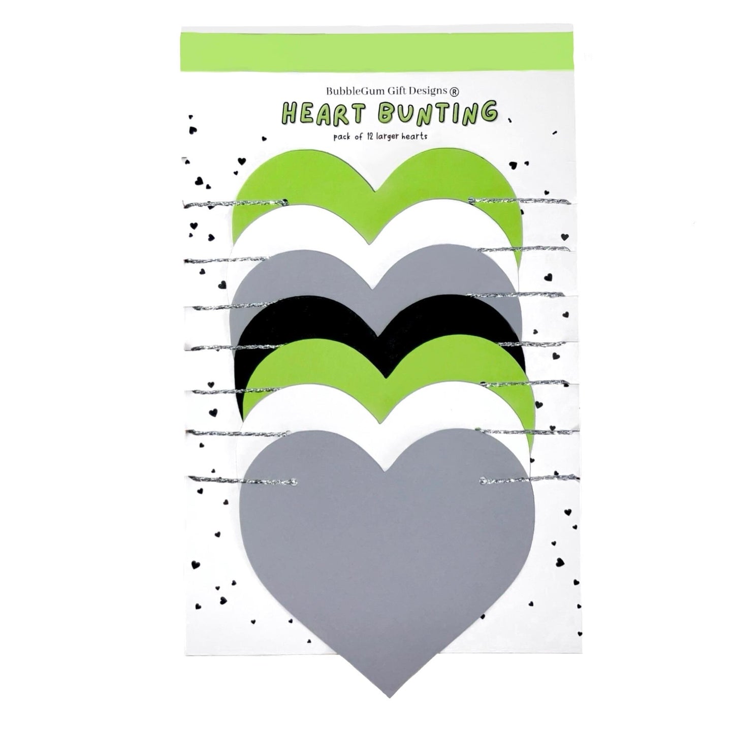 Agender pride month decorations Black white grey green love heart bunting Colour block heart garland Genderless pride wall decor
