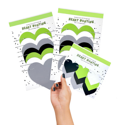 Agender pride month decorations Black white grey green love heart bunting Colour block heart garland Genderless pride wall decor