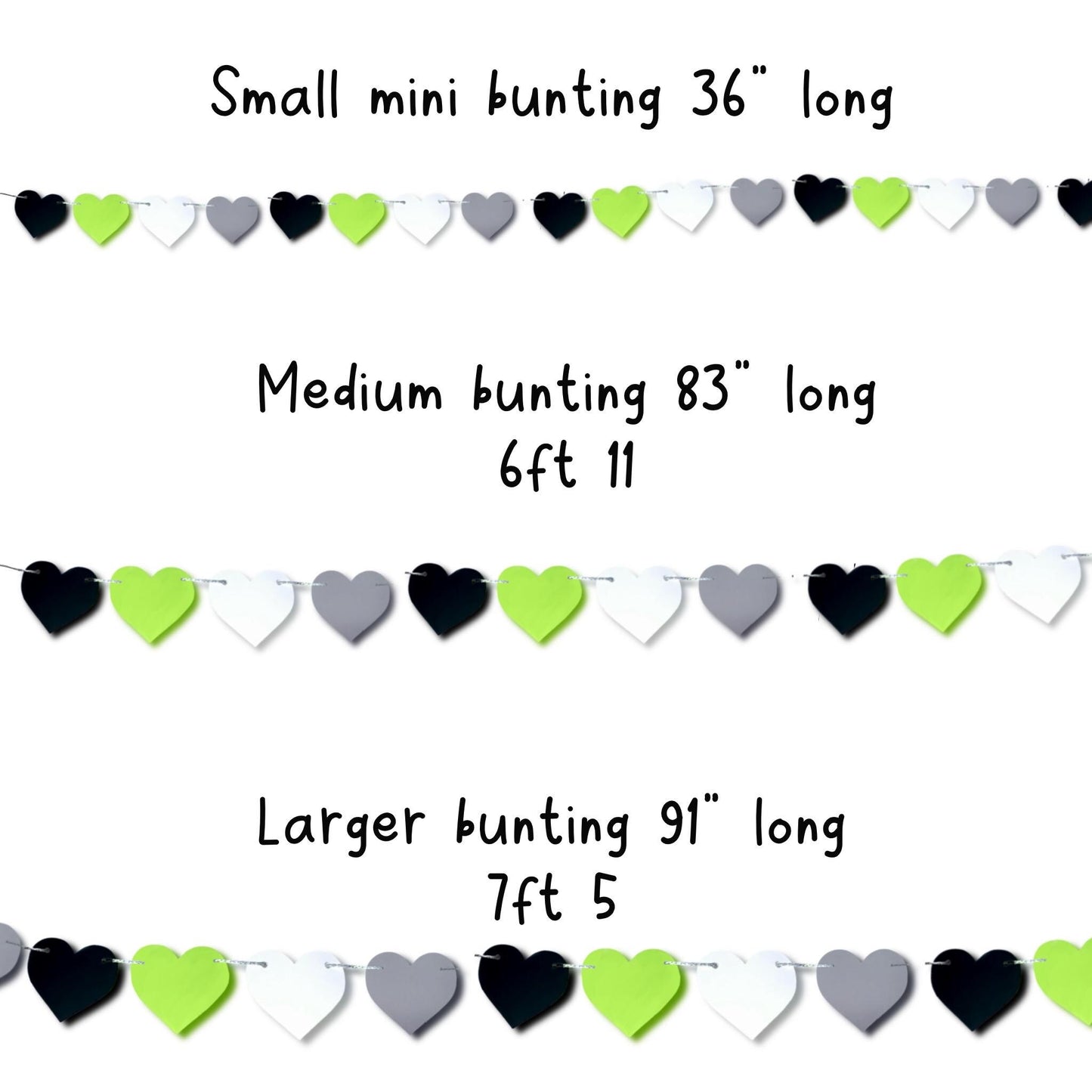 Agender pride month decorations Black white grey green love heart bunting Colour block heart garland Genderless pride wall decor