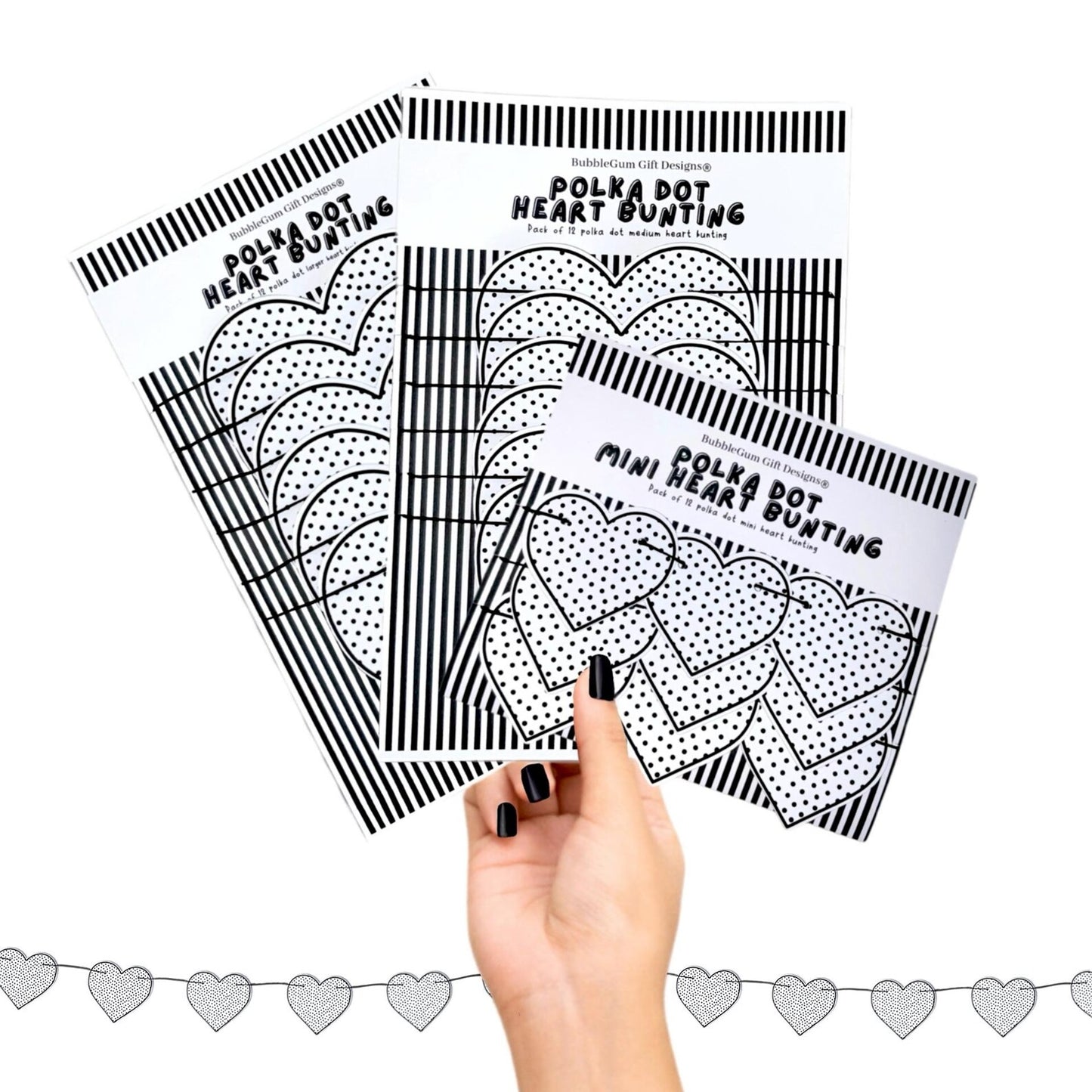 Polka dot heart garland Spotted black and white birthday decorations Monochrome party bunting Choose size