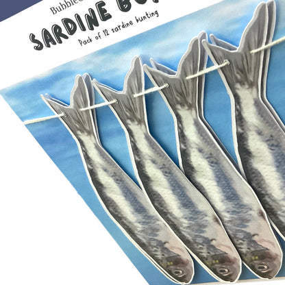 Hand drawn sardine garland Printed fish wall decor funny seaside aesthetic fisherman party bunting Quirky ocean fish theme birthday 70inches