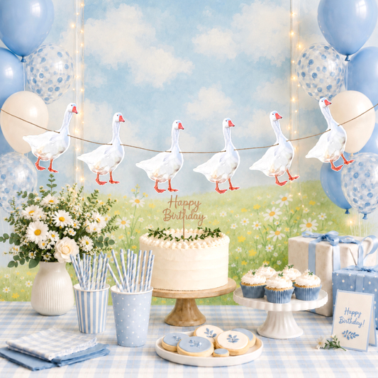 One Silly Goose Birthday Bunting Hand-Drawn White Goose Garland Farm Animal Party Decorations