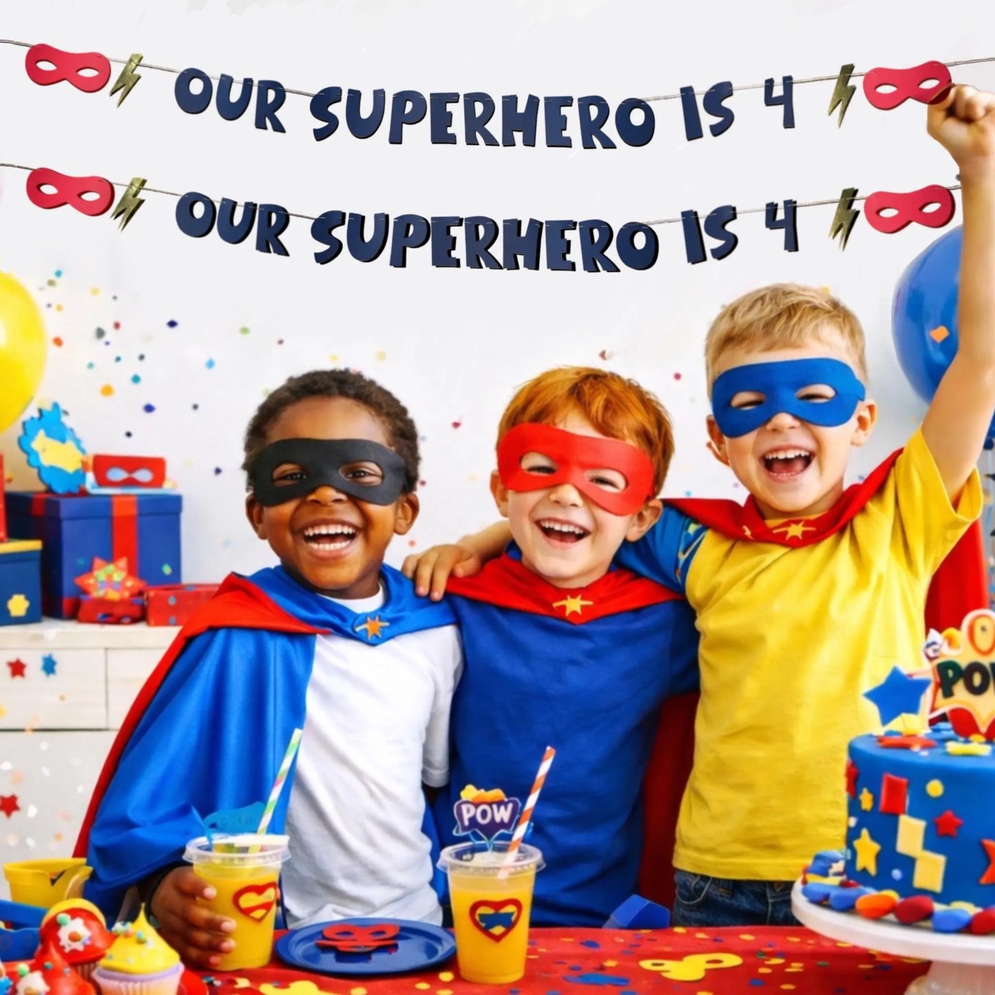 Our superhero is... Birthday age bunting with gold lightning bolt and eye mask personalised