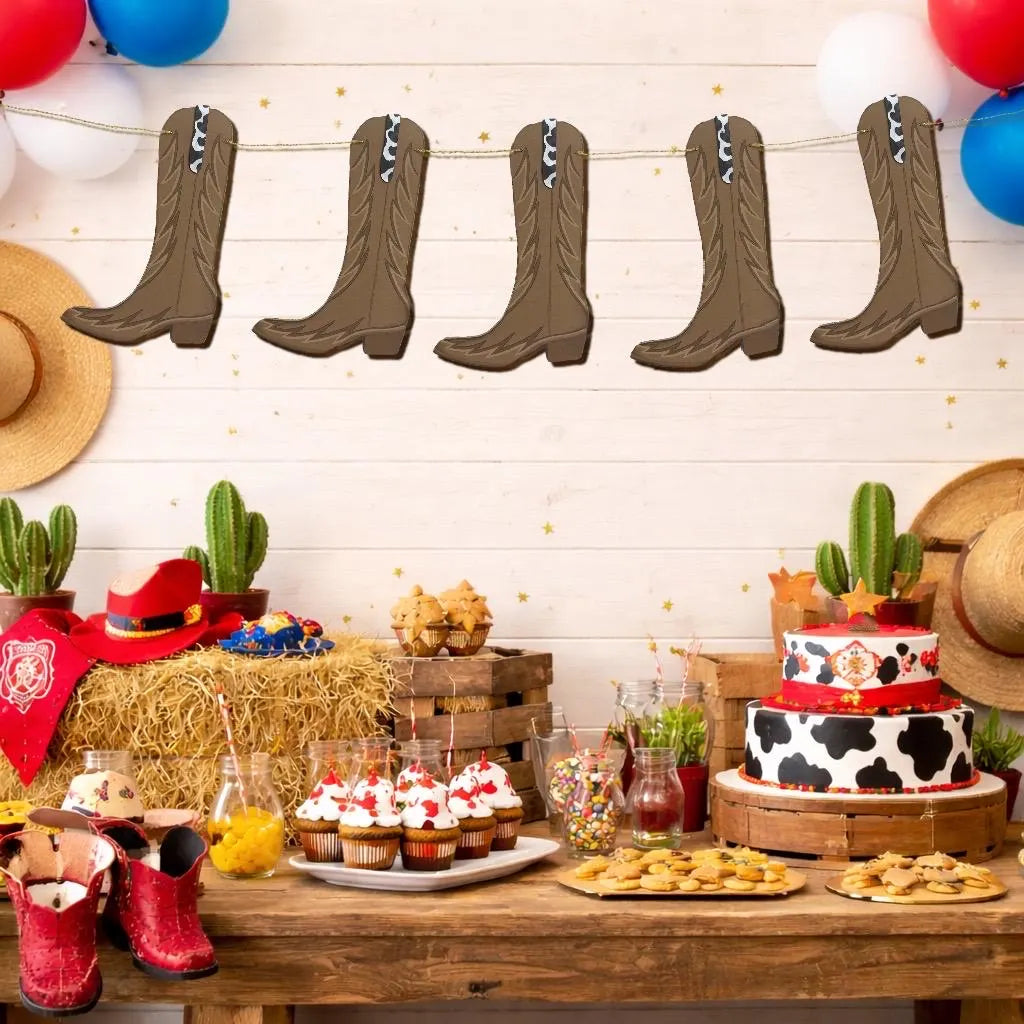 Cowboy boots bunting Brown wild west boots garland First rodeo birthday decorations Custom boot strap - suede, gold or cow print 1x12