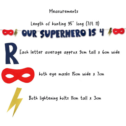 Our superhero is... Birthday age bunting with gold lightning bolt and eye mask personalised