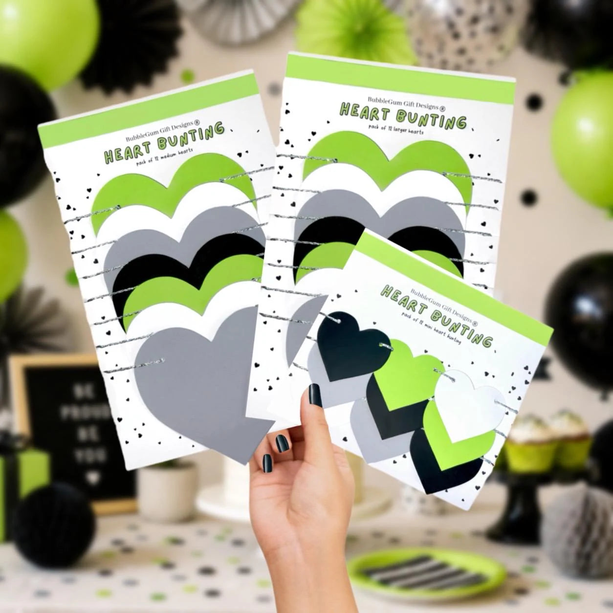 Agender pride month decorations Black white grey green love heart bunting Colour block heart garland Genderless pride wall decor