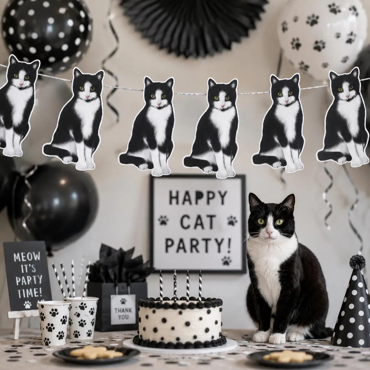 Tuxedo cat theme party banner Black and white kitty cat birthday party decorations Realistic hand drawn pet lover cat illustration