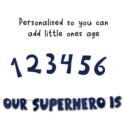 Our superhero is... Birthday age bunting with gold lightning bolt and eye mask personalised
