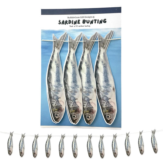 Hand drawn sardine garland Printed fish wall decor funny seaside aesthetic fisherman party bunting Quirky ocean fish theme birthday 70inches