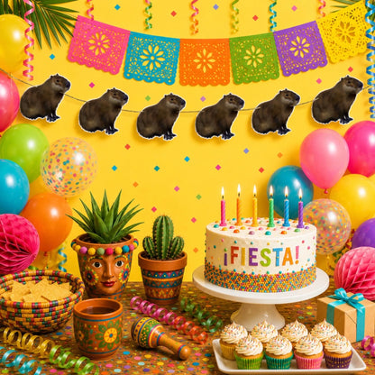 Fun capybara birthday decorations Hand drawn cute fat furry grass grazer, South American animal bunting Wild brown rodent party garland