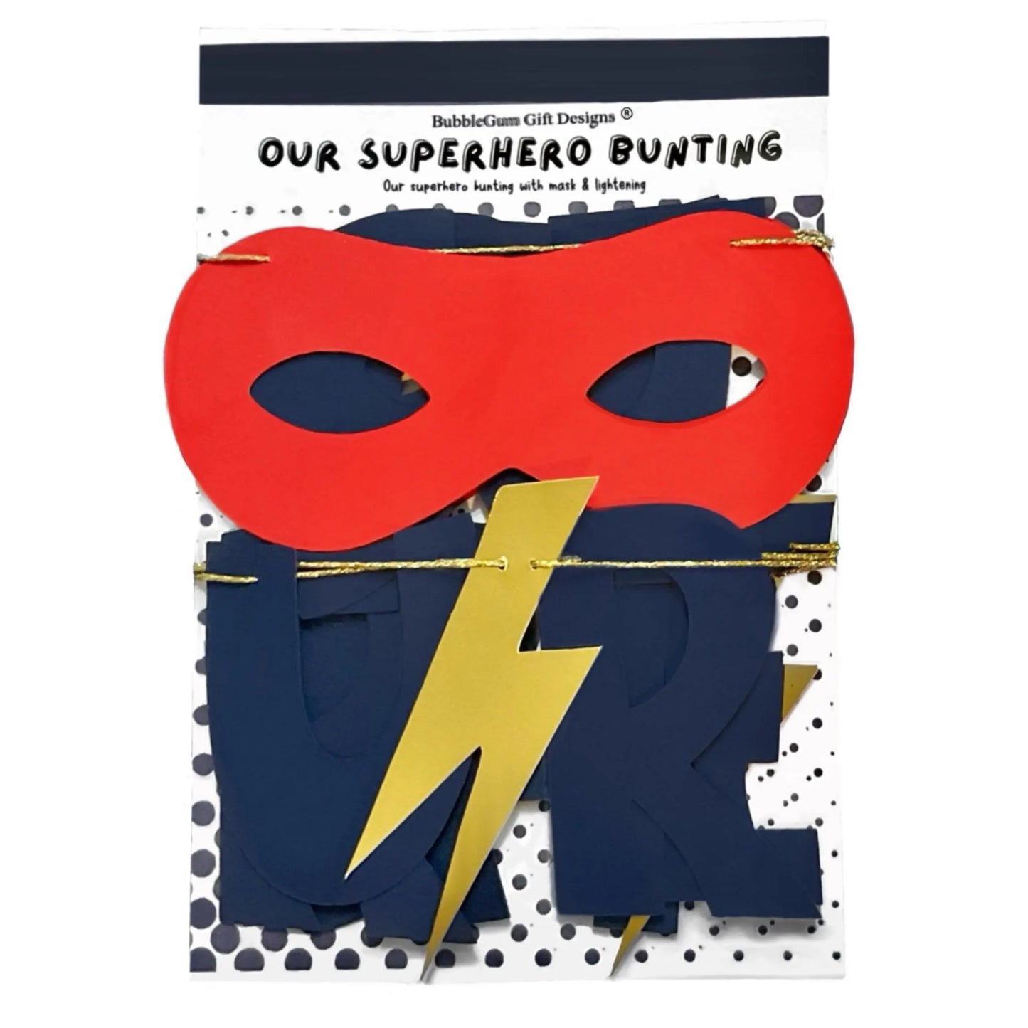 Our superhero is... Birthday age bunting with gold lightning bolt and eye mask personalised