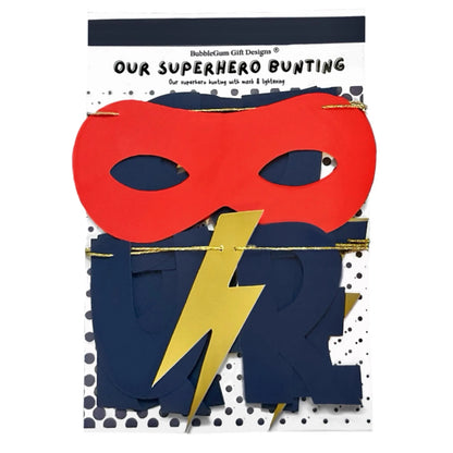 Our superhero is... Birthday age bunting with gold lightning bolt and eye mask personalised