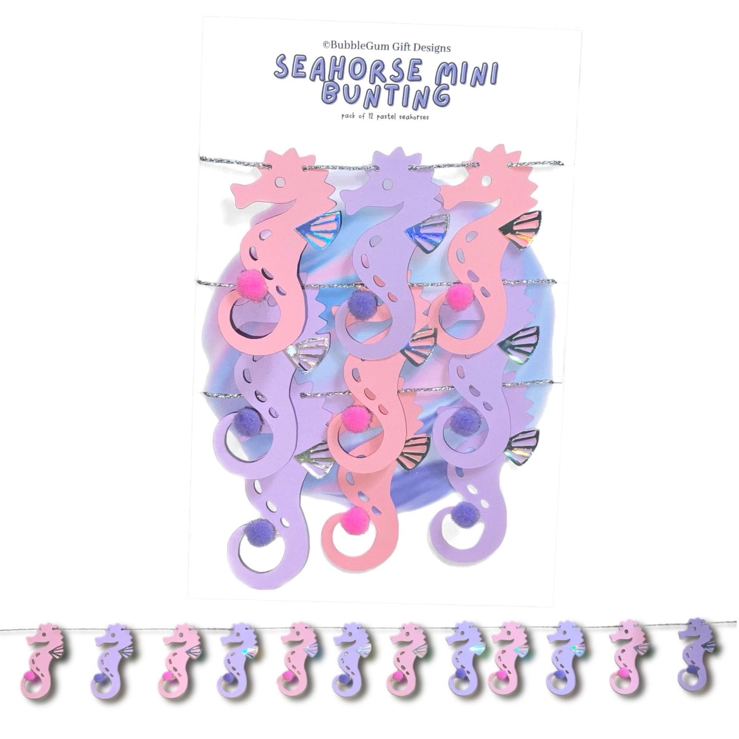 Pastel sea horse small bunting banner, Under the sea first birthday Pink and purple baby sea animals with pom pom tails