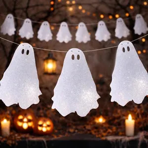 Glitter white ghosts Halloween garland, Sparkly supernatural decor hanging ghost decoration
