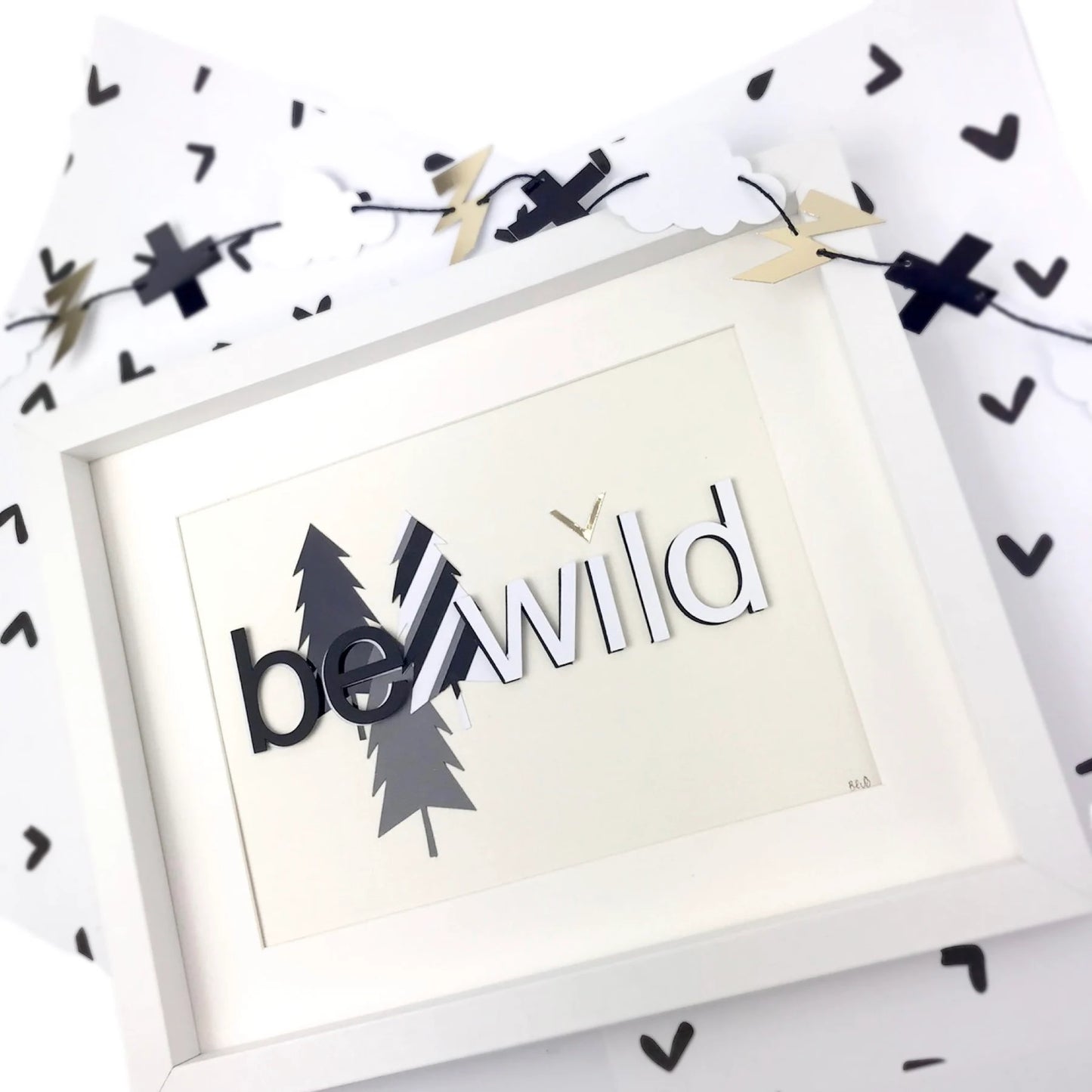 Boys Be Wild artwork, Black and white abstract forest, Double layered letters, Little boy explorer theme