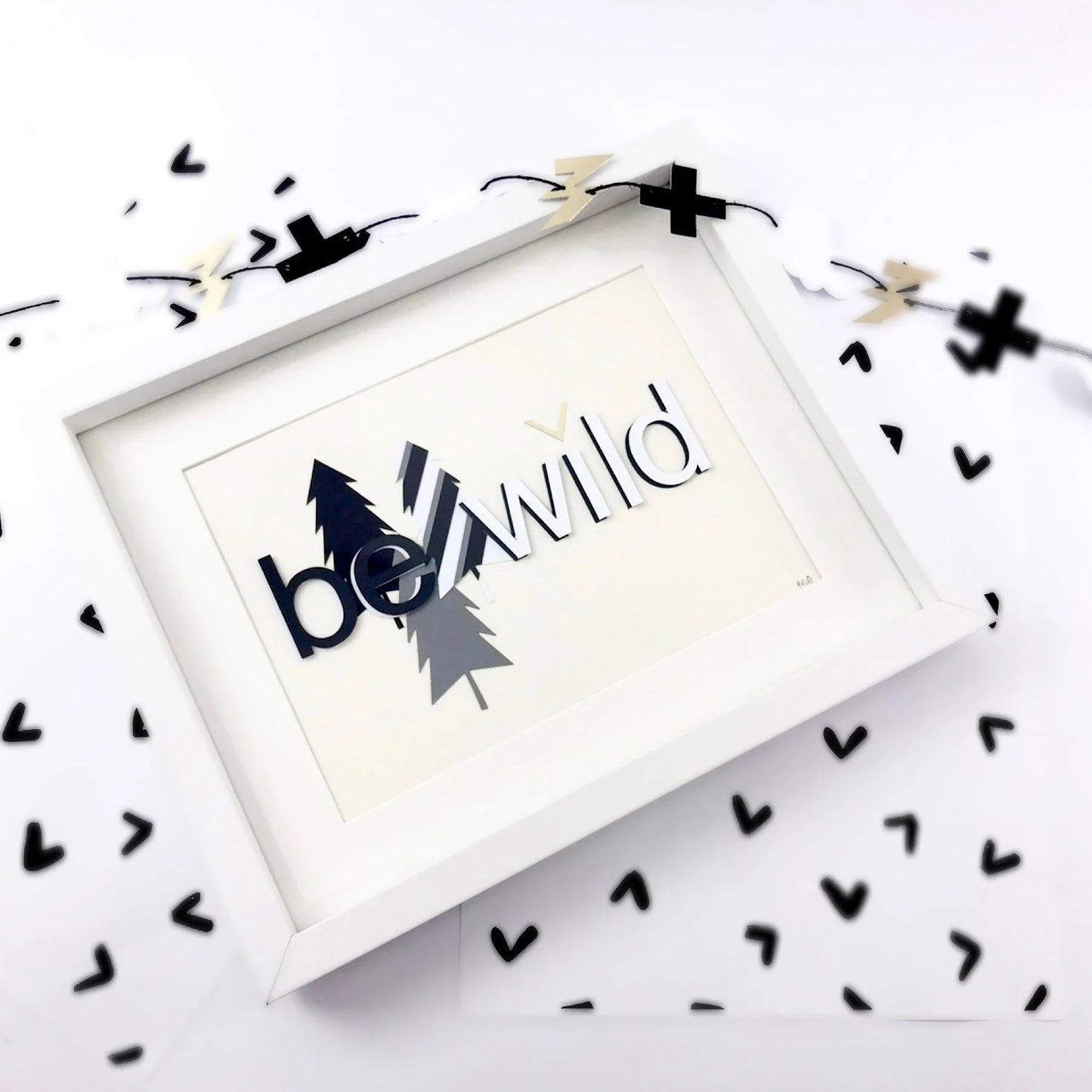 Boys Be Wild artwork, Black and white abstract forest, Double layered letters, Little boy explorer theme