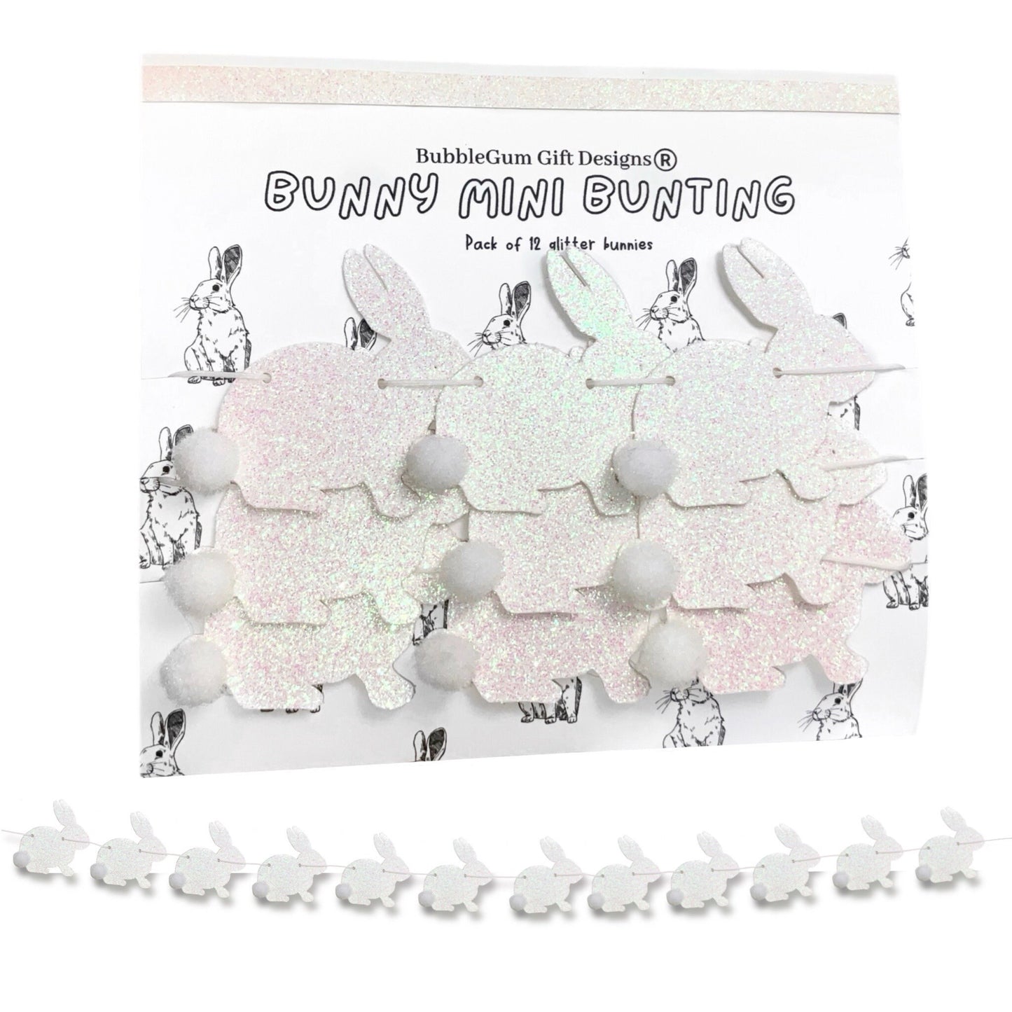 Mini white rabbit bunny garland, Glitter bunny decorations with aurora borealis tint, Bunny theme shelf decoration