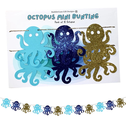 Mini glitter octopus bunting, Nautical baby shower or under the sea birthday decorations, Cute octopus in ocean blues and gold