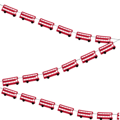 Mini double decker bus bunting, London bus transportation party, Cute red buses with pom pom wheels for baby bus first birthday