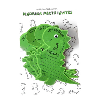 Personalised T-Rex Birthday Invitations – Green Dinosaur Shaped Party Invites with googly eyes including name, date, time, location, rsvp