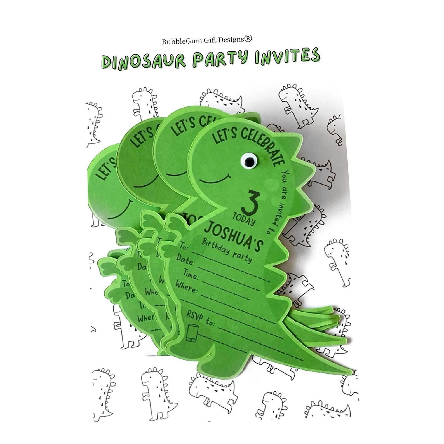 Personalised T-Rex Birthday Invitations – Green Dinosaur Shaped Party Invites with googly eyes including name, date, time, location, rsvp
