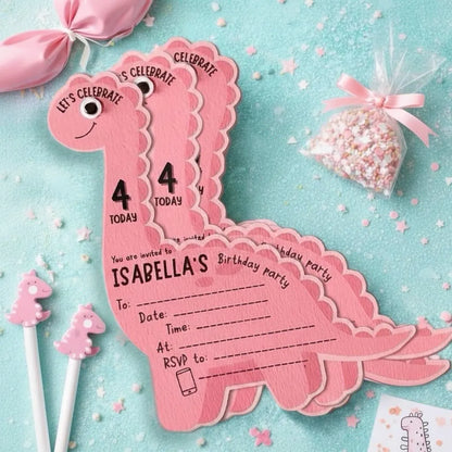Pink dinosaur birthday invitations Long neck dinosaur party invite with googly eyes Personalised dinosaur shaped invitation pack