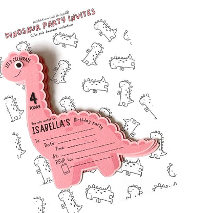 Pink dinosaur birthday invitations Long neck dinosaur party invite with googly eyes Personalised dinosaur shaped invitation pack