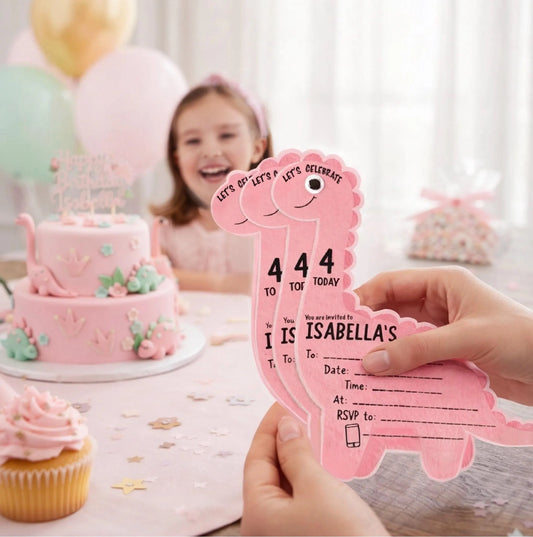 Pink dinosaur birthday invitations Long neck dinosaur party invite with googly eyes Personalised dinosaur shaped invitation pack