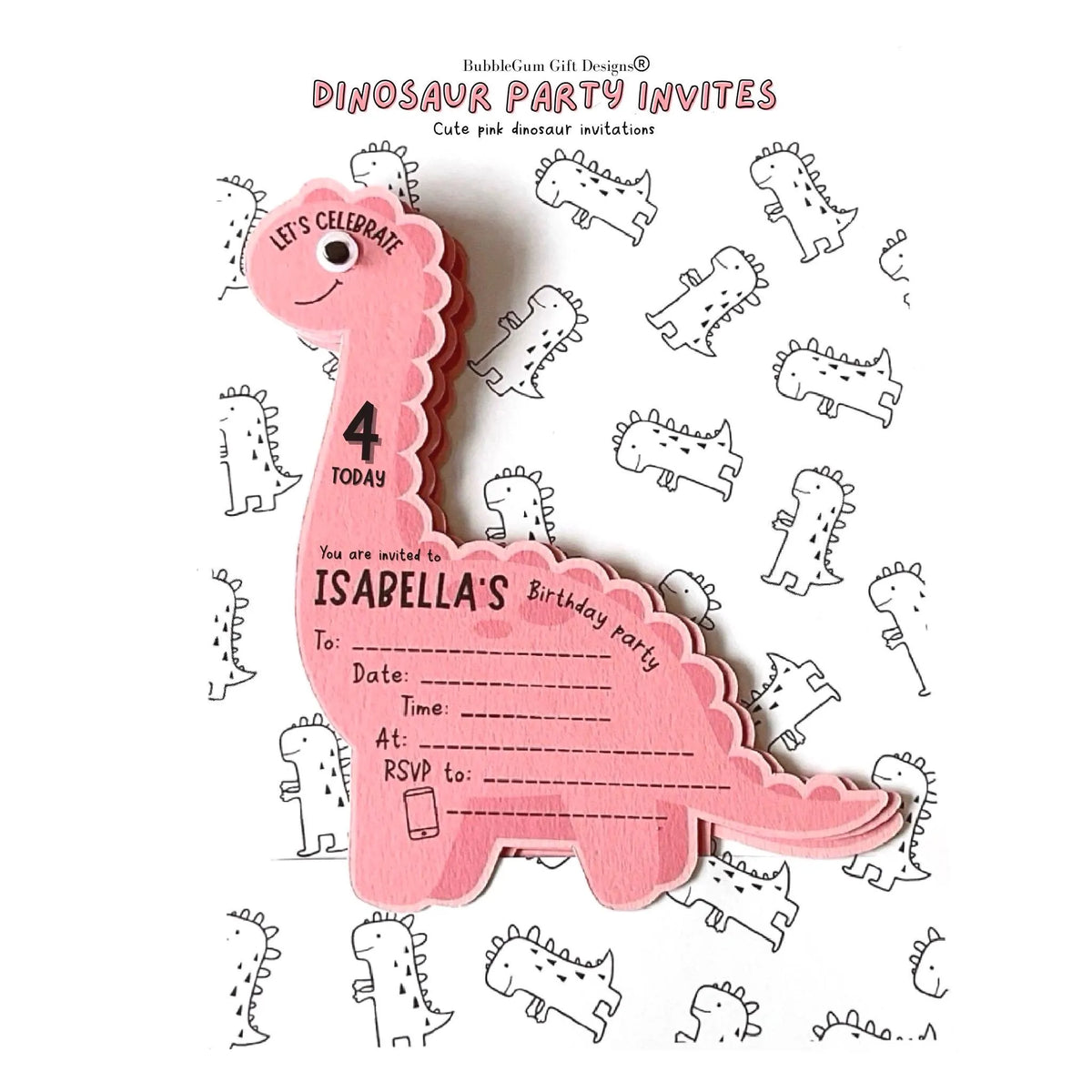 Pink dinosaur birthday invitations Long neck dinosaur party invite with googly eyes Personalised dinosaur shaped invitation pack