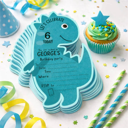 Blue dinosaur birthday invitation T-rex party invite with googly eyes Personalised Dinosaur invite pack Premium card Friendly dino