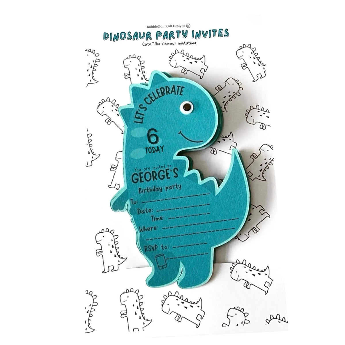 Blue dinosaur birthday invitation T-rex party invite with googly eyes Personalised Dinosaur invite pack Premium card Friendly dino