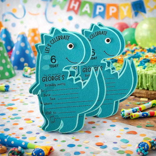 Blue T-Rex Dinosaur Invitations (Choose Pack Size) – Googly Eyes Personalised