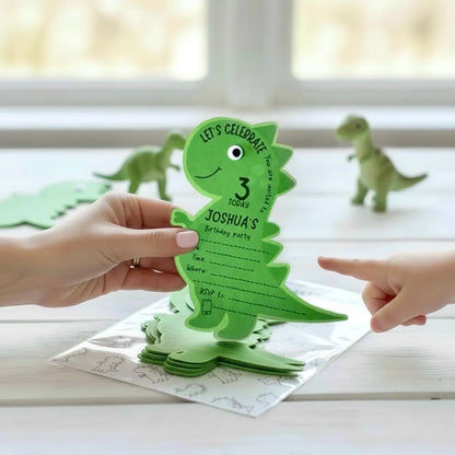 Personalised T-Rex Birthday Invitations – Green Dinosaur Shaped Party Invites with googly eyes including name, date, time, location, rsvp